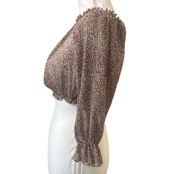 Polly Leopard Print Off-Shoulder Smocked Hem Long Sleeve Crop Top Woman's Size 2 - Picture 2 of 8